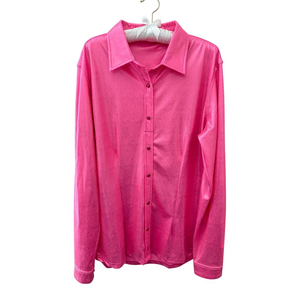 RANCH DRESS’N Hot Pink Metallic Western Snap Shirt Disco Cowgirl Rodeo Glam | 2X